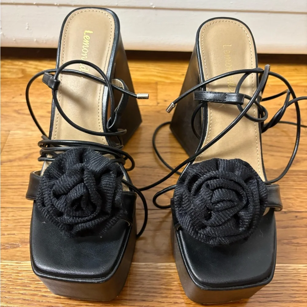 Black Platform Heels lace Up Sandals with Floral Detail